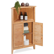 Relaxdays Corner Cabinet, Bamboo, H x W x D: 92 x 58 x 30 cm, Bathroom Cabinet with 2 Slat Doors, Corner Chest of Drawers for Bathroom and Kitchen, Natural