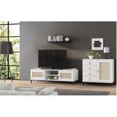 Lomadox Wohnm?Bel Set of 2 in Solid Pine White with Rattan Insert TV Board Sideboard Living Room Boho Chic