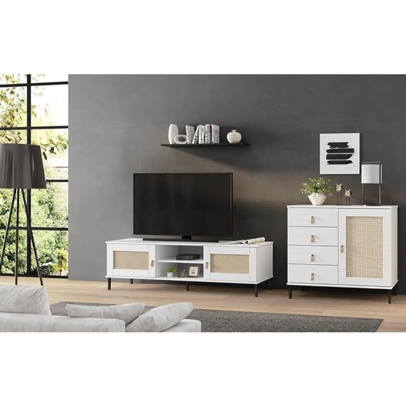 Lomadox Wohnm?Bel Set of 2 in Solid Pine White with Rattan Insert TV Board Sideboard Living Room Boho Chic