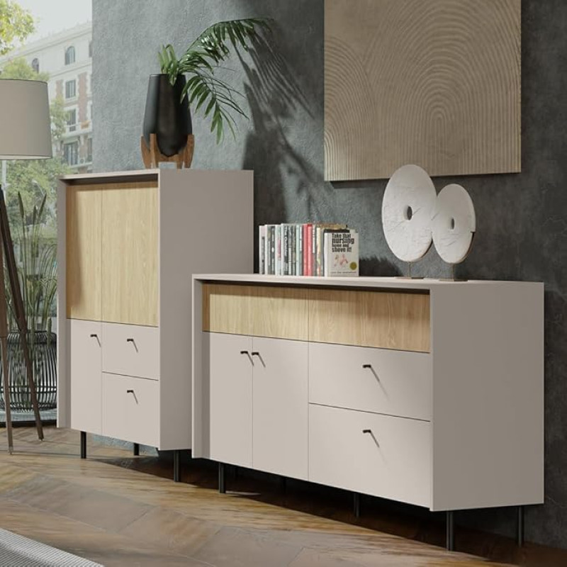 Lomadox Living Room Set Beige Oak Metal Feet Modern Highboard Sideboard 2 Piece Set