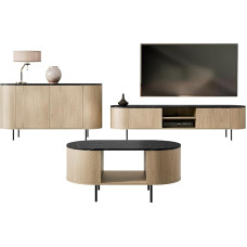 Mirjan24 Lygrint I Living Room Set Chest of Drawers TV Lowboard Coffee Table Handle-Free Opening System Push to Open (Oak Cremona/Marble Black + Black)