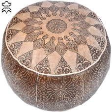 Oriental Seat Cushion Pouf Made of Genuine Leather Oriental Filled Light Brown Diameter 49 cm Vintage Moroccan Stool Footstool Seat Pouf Seat Pouf Footrest Leather Seat Cushion from Morocco