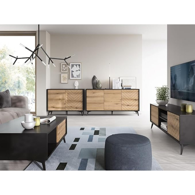 Living Room Set of 4 with Coffee Table Sideboard Chest of Drawers TV Lowboard Black Oak Modern