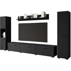 Modern Living Room Furniture Set 4-Piece Toga Wall Unit in Black Graphite Matt Finish Including TV Base Cabinet 2 Tall Cabinets and Wall Shelf Stylish Living Room Set