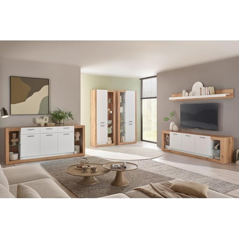 Wohnzimmer-Set mit Sideboard, Lowboard, Wandregal & 2 Hochschränken in Eiche mit weiß, modern, 5 teilig