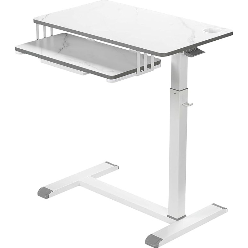 ETHU end Table Height-Adjustable Desk, Standing Desk with Keyboard Shelf and Concealed Wheels, 77 x 40 cm, Mobile Computer Desk for Home Office, Side Table with Hooks, Laptop Table, Marble White