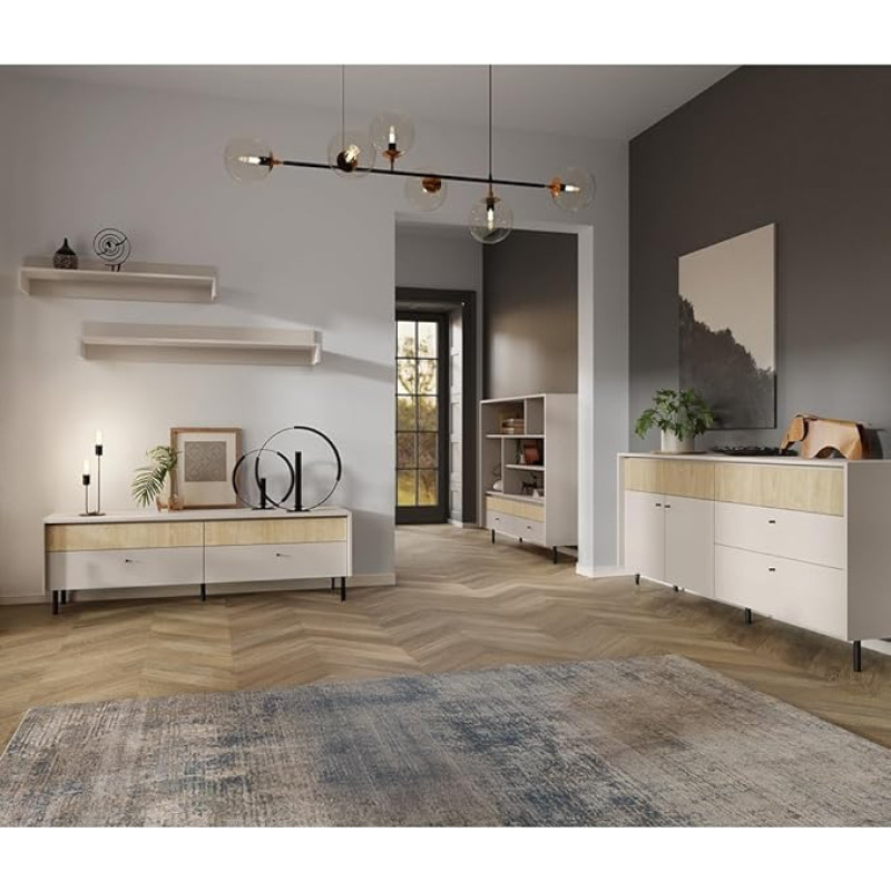 Lomadox Living Room Set Beige with Oak Metal Feet Modern Lowboard Wall Board Sideboard 5 Pieces