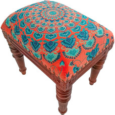Footstool with Moroccan Velvet Embroidery and Mango Wood Frame - 40 x 30 x 40 cm Padded Wooden Bench, Boho Accent Ottoman for Living Room, Bedroom and More