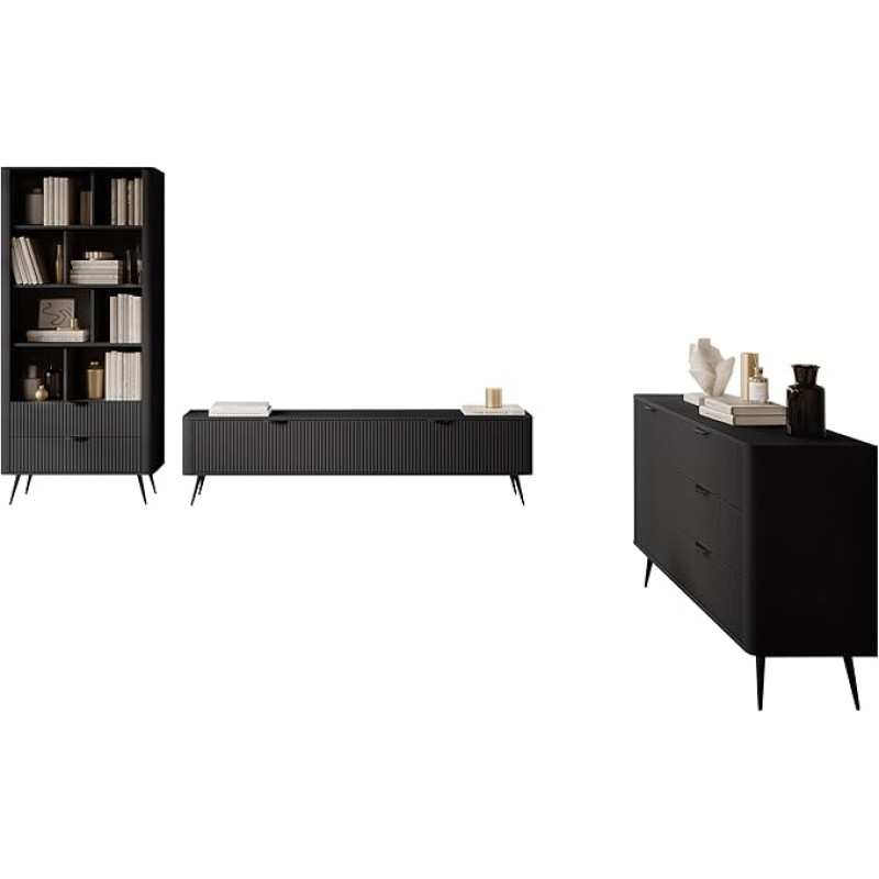 Mirjan24 Literpo II Living Room Set, Ribbed Fronts, Metal Feet, Aluminium Handles, Wall Panel, Living Room Cabinet, Cabinet Wall, in Set: Chest of Drawers, Shelf, TV Lowboard (Black Graphite)