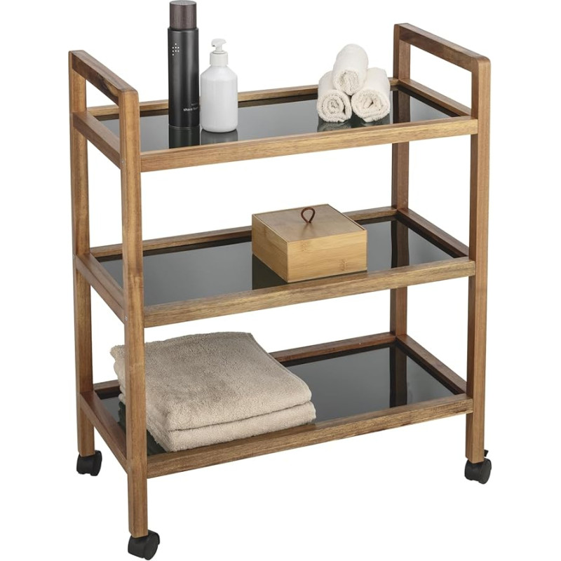 WENKO Mod. Fondi Rolling Shelf Made of Solid Acacia Wood with 3 Safety Glass Shelves in Black and 4 Practical Wheels Dimensions 65 x 76.5 x 31 cm