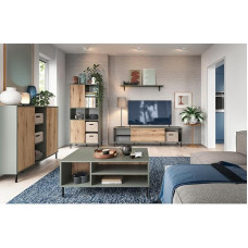 Living Room Complete Set Including Coffee Table in Grey/Green with Oak 5-Piece Sideboard, Shelf, TV Lowboard, Wall Shelf, Chest of Drawers