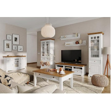 Living Room Set, Solid Wood in White with Oak Look, 7-Piece Chest of Drawers, Display Cabinet, TV Lowboard, Wall Boards, Display Cabinet, Coffee Table