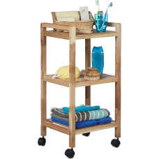 Relaxdays Bathroom Shelving with Wheels, Wooden, HxWxD: 71.5 x 35 x 31 cm, Handles, Rotating, 3 Shelves, Kitchen Rack, Natural