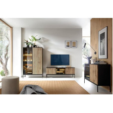 Living Room Set, 3 Pieces, Lowboard, Highboard, Chest of Drawers, Including Lighting, Black with Wotan Oak