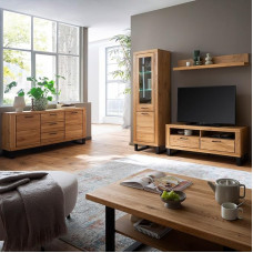 Living Room Furniture Set in Partially Solid Oak with Coffee Table, 138 cm Lowboard and LED Lighting, 5 Pieces, Real Wood/Solid Wood Fronts, Oiled