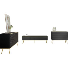 Mirjan24 Wohnzimmer-Set Orenate MDF II, Anbauwand, Wohnzimmerschrank, Schrankwand, gefräster Front, Griffloses Öffnungssystem im Set: Kommode, TV Schrank (Schwarz/Schwarz + Gold)