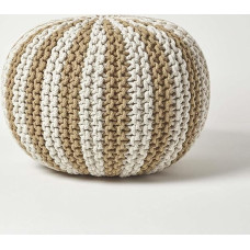 Homescapes Pouf, Linen White Striped Knitted Pouf, Large Floor Cushion 40 x 50 cm, Decorative Footstool with Chunky Knitted Cover Made of 100% Cotton, Knitted Pouff/Knitted Stool