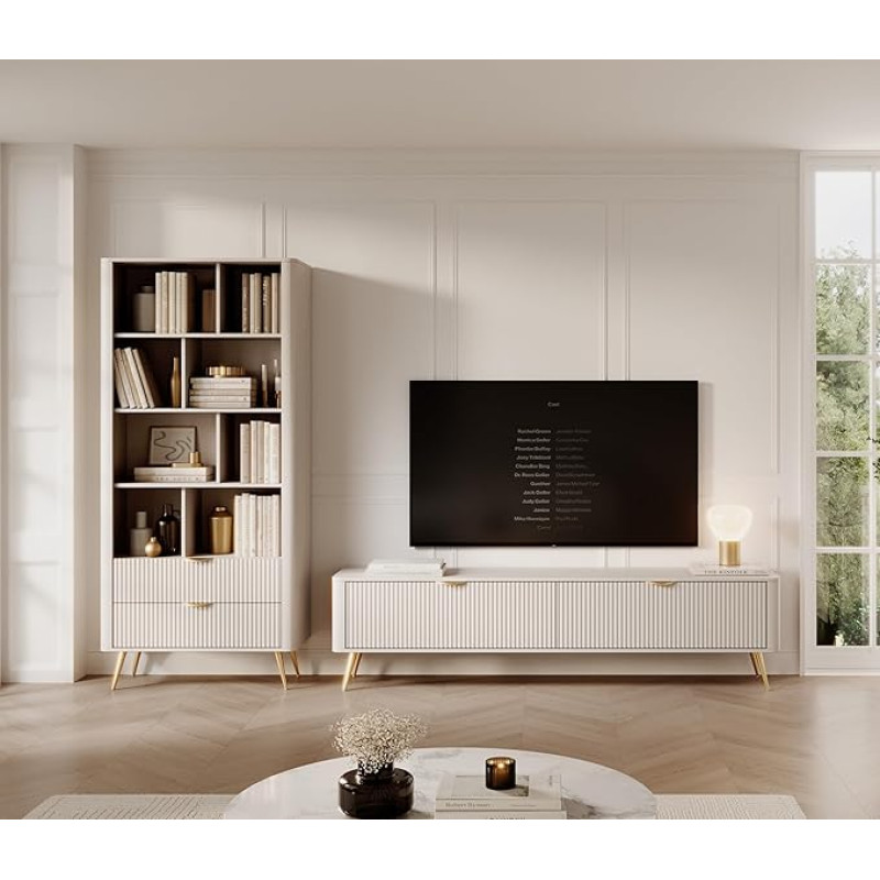 KEF-MEBLE Lewis Set: Shelf 88.2 x 193.8 x 38 cm + TV Table 200 x 51.2 x 38 cm - MDF Fronts - Modern Furniture Set for the Living Room - Beige