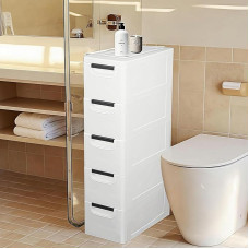 WUDLEP Bathroom Storage with 5 Drawers, Slim Bathroom Floor Cabinet with Wheels, Freestanding, Compact, Bathroom Organiser Cabinet for Living Room, Bedroom, White