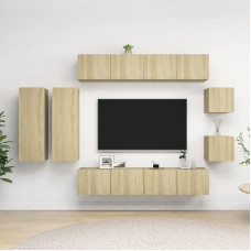 Homgoday TV Furniture Set 8 Pieces Sonoma Oak Chipboard TV Cabinet Low TV Cabinet Coffee Table Industrial Living Room Table TV Stand