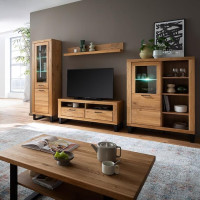 Wohnwand Wohnmöbel in Eiche teilmassiv mit Couchtisch, 138 cm Lowboard & LED-Beleuchtung, 5-teilig, Echtholz/Massivholz-Fronten, geölt