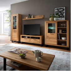 Wohnwand Wohnmöbel in Eiche teilmassiv mit Couchtisch, 138 cm Lowboard & LED-Beleuchtung, 5-teilig, Echtholz/Massivholz-Fronten, geölt