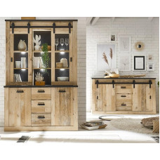 Furn.Design Stove Living and Dining Room Set in Used Wood Light and Anthracite Living Combination 2-Piece with Buffet Cabinet and Sideboard