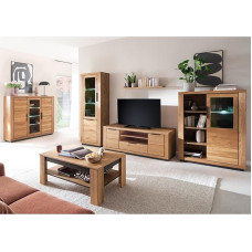 Living Room Furniture Set Partially Solid Oak 6 Pieces 1 Display Cabinet 1 Wall Shelf 1 Lowboard 2 Highboards 1 Coffee Table with Lighting