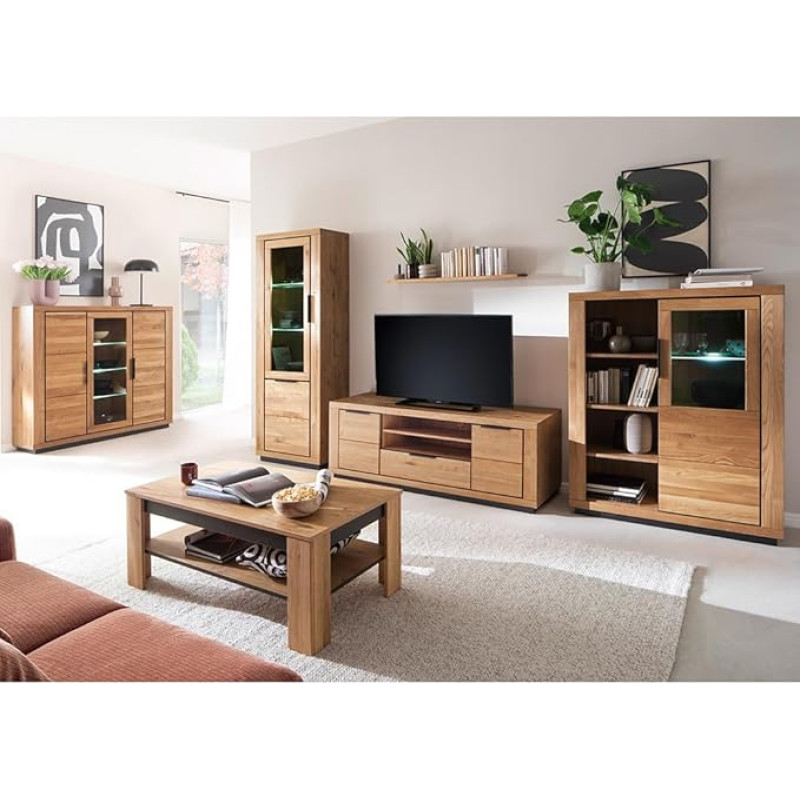 Living Room Furniture Set Partially Solid Oak 6 Pieces 1 Display Cabinet 1 Wall Shelf 1 Lowboard 2 Highboards 1 Coffee Table with Lighting