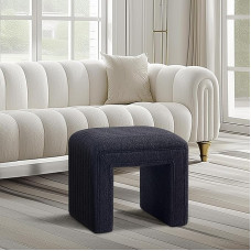 Vanity Stool Chair - Modern Boucle Ottoman Footstool with Wooden Legs, Padded Sofa Bench for Makeup Room, Living Room, Entryway, Office (Fully Assembled) (Black)