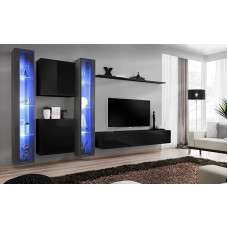 ASM Wall Set - Switch XVI - 2 LED Display Cabinets - 2 Square Display Cabinets - 1 TV Bench - 1 Shelf - Black and Graphite - Model 1