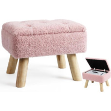 OGEMXU Pink Teddy Velvet Footstool with Wooden Legs