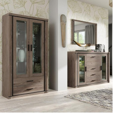 Lomadox Dining Room Furniture Set Brown 3-Piece Truffle Oak Display Cabinet Sideboard Mirror with LED Lighting