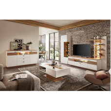 Home Furniture Set White with Oak 5-Piece Modern 1 Coffee Table, 1 Display Cabinet, 1 Sideboard, 1 Lowboard, 1 Wall Panel, Includes Lighting
