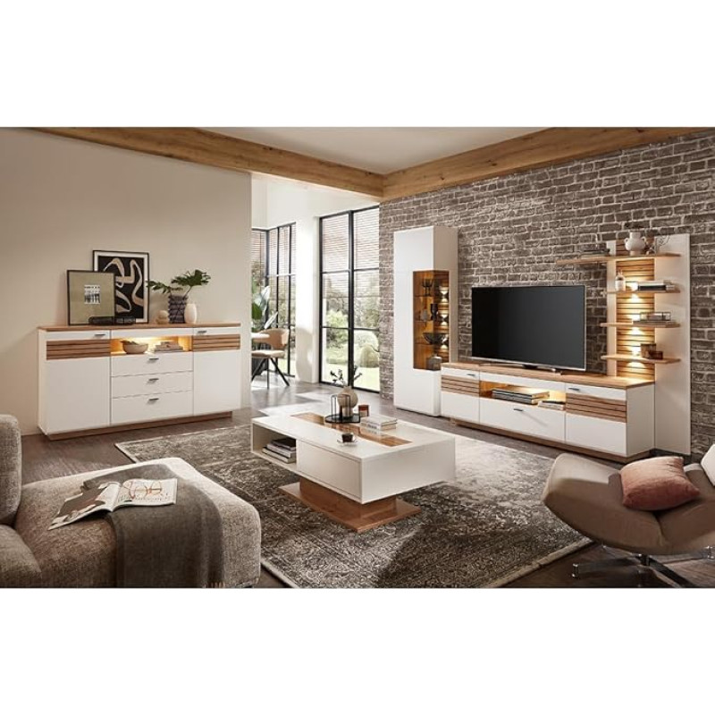 Home Furniture Set White with Oak 5-Piece Modern 1 Coffee Table, 1 Display Cabinet, 1 Sideboard, 1 Lowboard, 1 Wall Panel, Includes Lighting