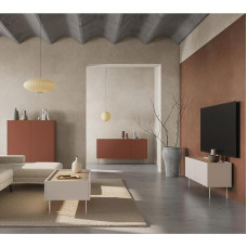 Home Furniture Set Wall Unit in Red and Cashmere with Oak, 4-Piece with Coffee Table, Highboard, Lowboard, Sideboard, Modern, Handle-Free