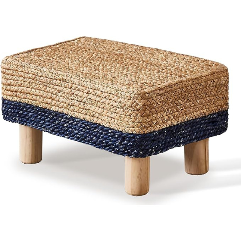 Cpintltr Small Footstool Ottoman Rectangle Footrest Pouf Ottoman Natural Seagrass Footstool with Wooden Legs Hand Woven Step Stool for Living Room Bedroom Entryway Natural