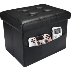 FujDun® Foldable Footstool with Side Pocket, Footrest for Couch, Leather Seat for Living Room, Bedroom or Dorm, Padded with Thick Sponge, 16 x 12 x 12 inches, Black