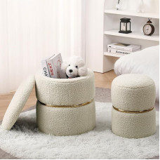 Furniliving 2 Pack Faux Fur Round Ottoman Foot Stool Wool Curl Padded Storage Ottoman with Gold Stainless Steel Frame for Living Room Bedroom Entrance