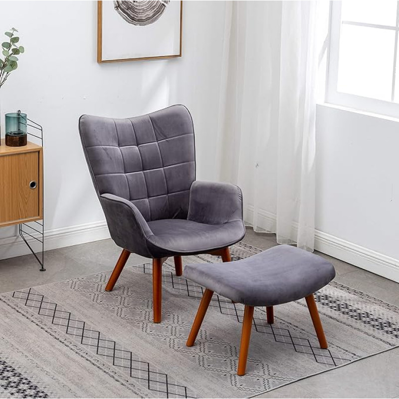 Roundhill Furniture Leiria Modern Silky Velvet Tufted Chair with Ottoman, Grey