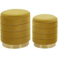 Round Pouf Set of 2 Velvet Mustard Yellow Ottoman Pouf Garland