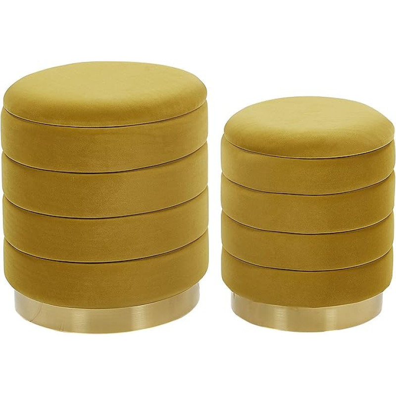 Round Pouf Set of 2 Velvet Mustard Yellow Ottoman Pouf Garland