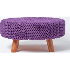 Homescapes Low Round Stool with Wooden Legs, Purple Footstool 62 x 62 x 30 cm, Knitted Stool with Chunky Knitted Cover Made of 100% Cotton, Purple