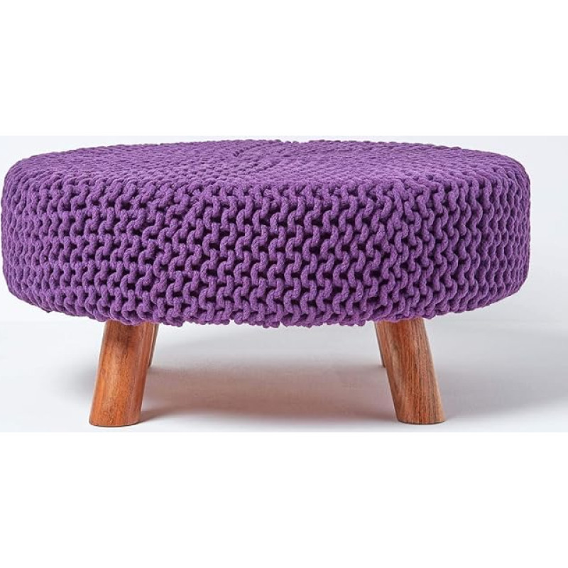 Homescapes Low Round Stool with Wooden Legs, Purple Footstool 62 x 62 x 30 cm, Knitted Stool with Chunky Knitted Cover Made of 100% Cotton, Purple