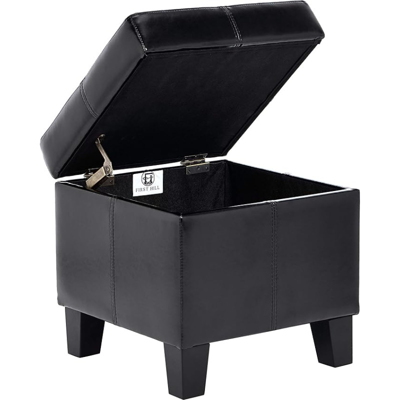 First Hill Emerson Square Wood Storage Ottoman with Faux Leather Upholstery, Enchanting Black
