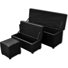 Black Artificial Leather Storage Bench Set Footrest 3 pcs