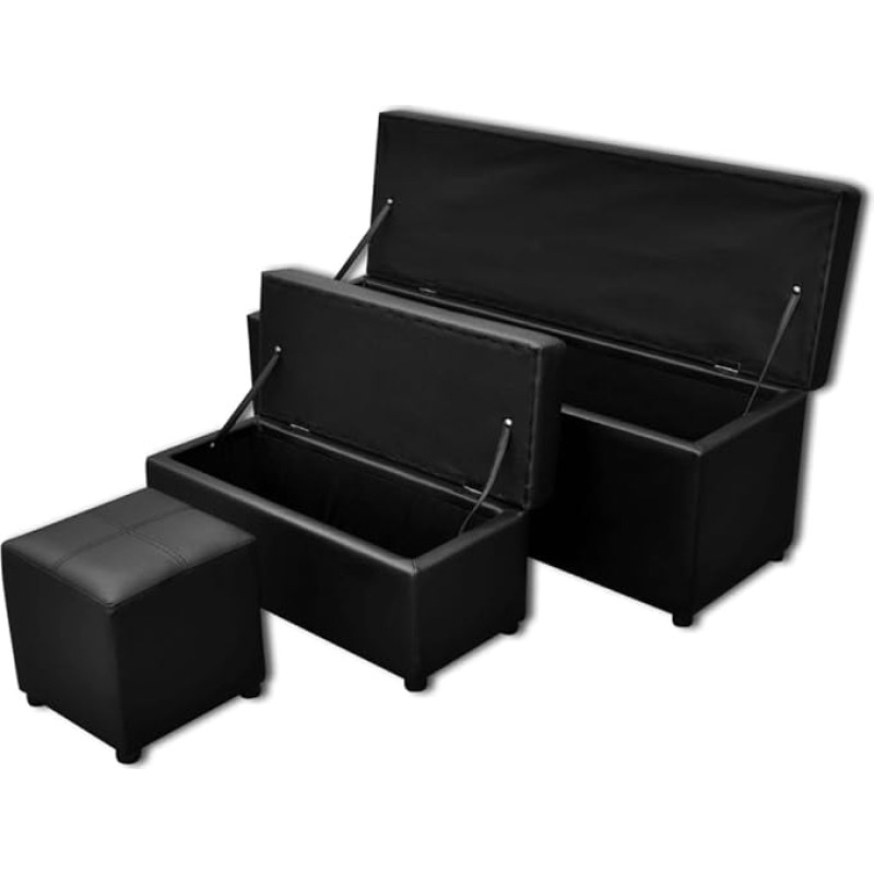 Black Artificial Leather Storage Bench Set Footrest 3 pcs