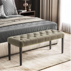 BELLEZE Modern Tufted Rectangular Ottoman with Legs Padded Canvas Bench with Nail Head Trim Footrest for Living Room Bedroom Entrance Decoration - Milton (Light Brown)