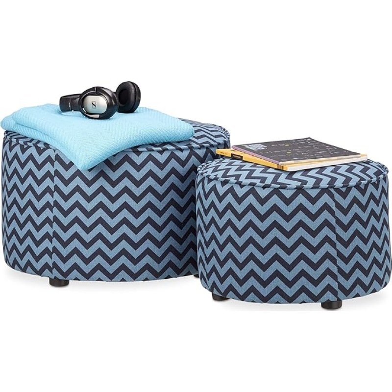 Relaxdays, Blue/Black Stool Set of 2 with Fabric without Backrest, Round Pouf, Padded Footstool, Flat, Patterned, Standard