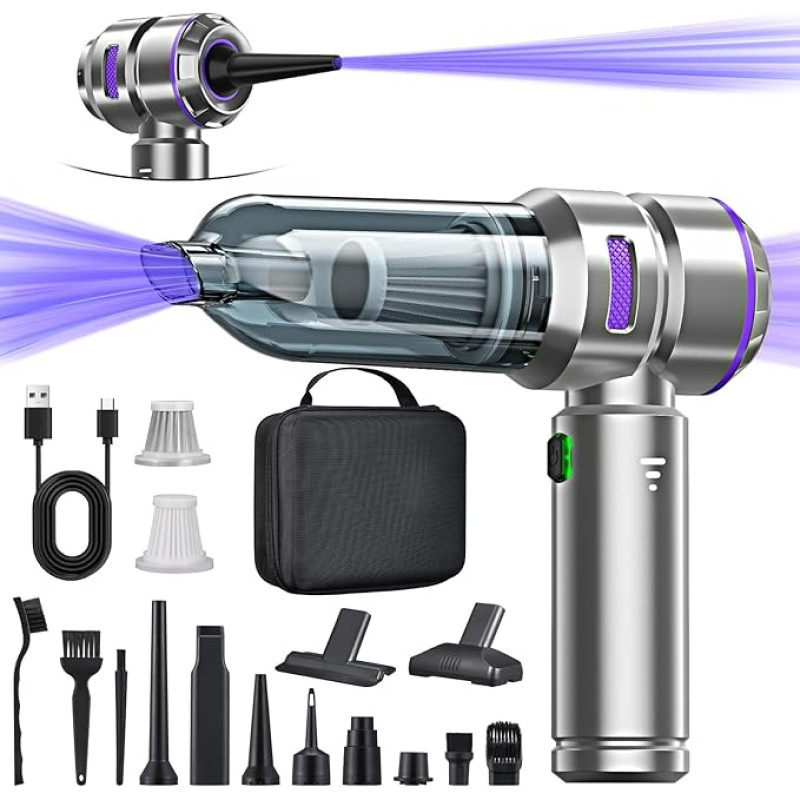 4-in-1 käsipuhasti aku, auto tolmuimeja tugev, 25000PA käsipuhasti traadita tolmuimeja, 3 kiirusega 220000 rpm elektriline tolmupuhasti suruõhupihusti auto, köögi, arvuti, diivanile